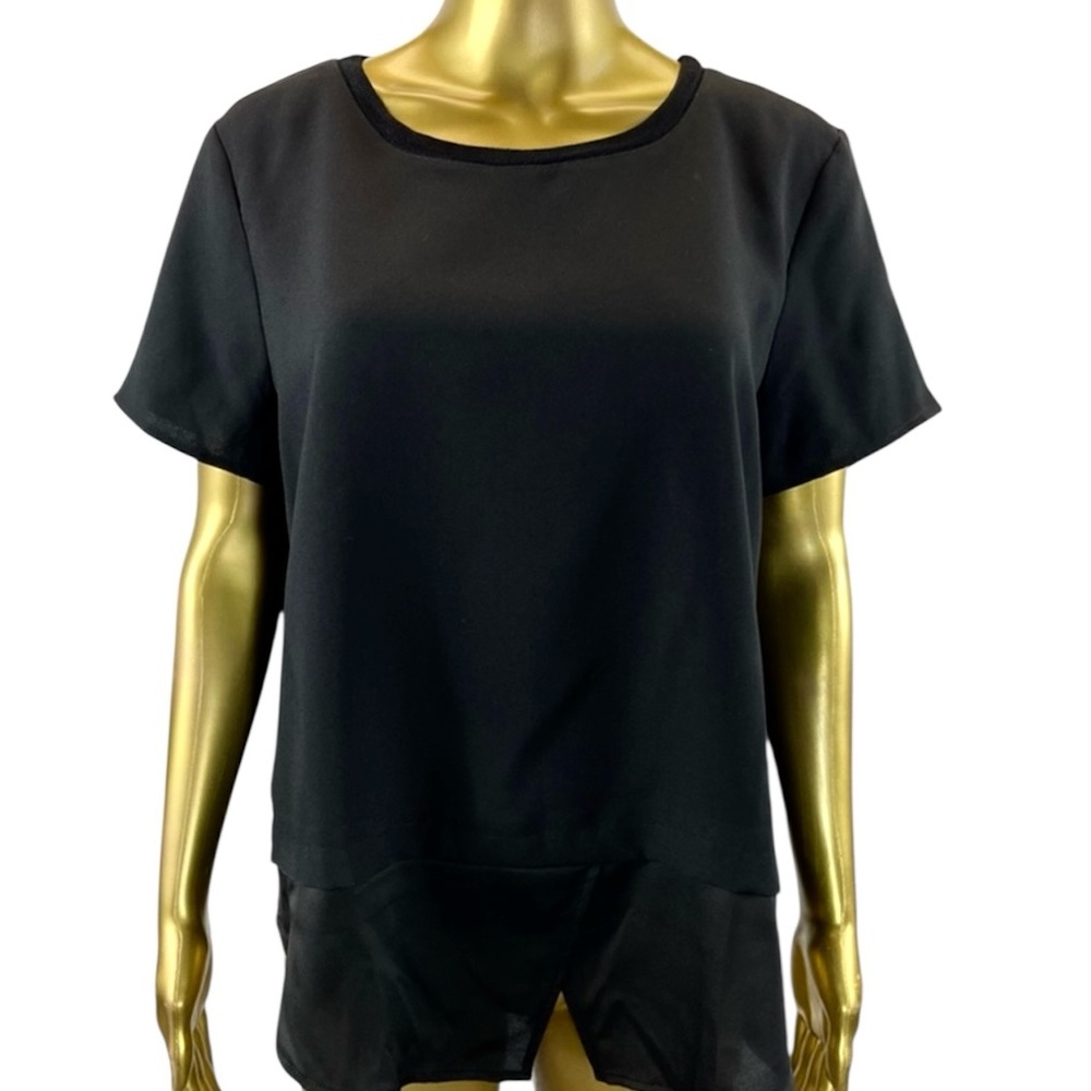 Ann Taylor Black Sheer Layered Hem Blouse Large Short Sleeve Pullover Top